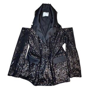 IN THE MOOD FOR LOVE Laurent Sequined Open-Shoulder Jacket in Black